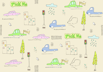 Cartoon Transportation Background for Kids. Vector Straight Pattern with Doodle Toy Car, Tree, and quote pick me. 