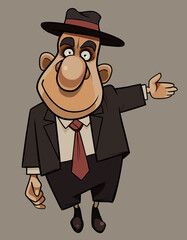 cartoon man in suit with tie and hat points his hand to the side