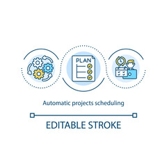 Automatic projects scheduling concept icon. Remote management idea thin line illustration. Automatically generated plan. Vector isolated outline RGB color drawing. Editable stroke