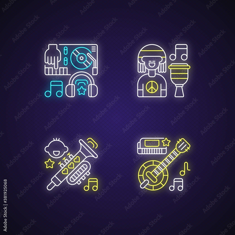 Poster modern music genres variety neon light icons set. dj sound editing machine for electronic compositio