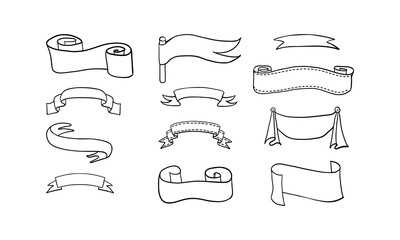 Hand drawn banners collection. Doodle elements isolated on white background. Vector illustration.