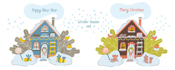 Vector winter houses with letterings Merry Christmas and Happy New Year. Cozy winter illustration with house surrounded snowdrift, fir branches with Christmas ornaments, ladder, gifts, sleeping cat.