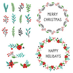 Fototapeta na wymiar Set of christmas wreath floral frame for text decoration. Hand drawn style illustration.