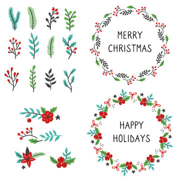 Set Of Christmas Wreath Floral Frame For Text Decoration. Hand Drawn Style Illustration.