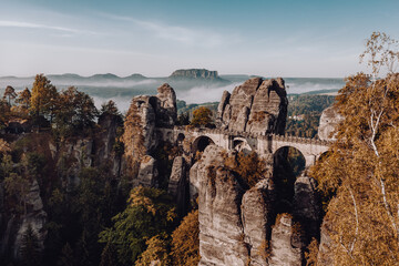 Saxon Switzerland national park in the early morning in Germany, Bastei Bridge without people