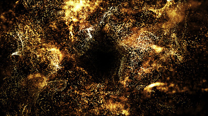 golden particles shining stars dust bokeh glitter awards dust abstract background. Futuristic glittering in space on black background.	
 - obrazy, fototapety, plakaty