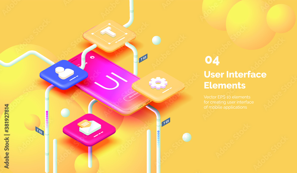 Poster modern mobile app user interface concept. 3d smartphone on a yellow background with tools for creati
