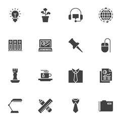 Office business vector icons set, modern solid symbol collection, filled style pictogram pack. Signs, logo illustration. Set includes icons as file folders, laptop with business graph, strategy, lamp