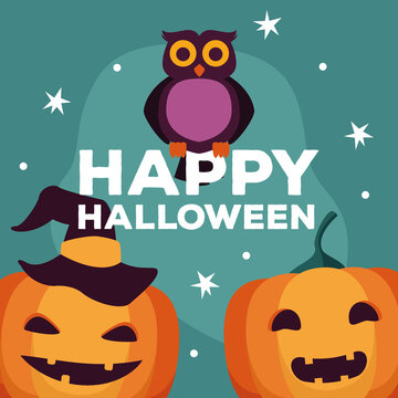 happy halloween celebration card with pumpkins and owl