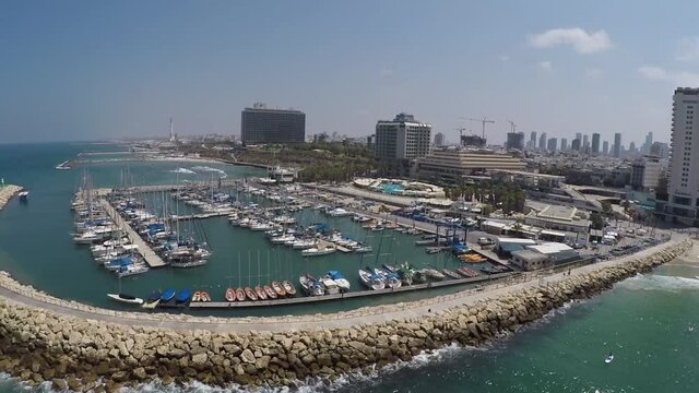 Aerial view of Tel Aviv beach and marina, Israel beautiful coastline on the  Mediterranean sea, TLV
