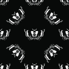 Seamless pattern, butterflies with a skull, white on a black background, vector illustration