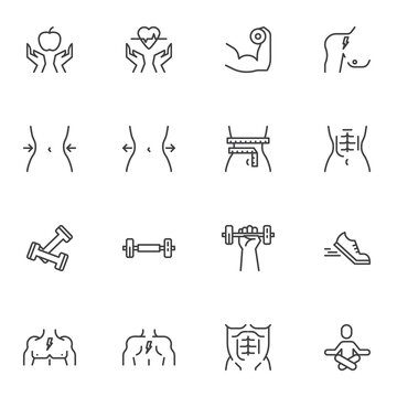 Healthy lifestyle line icons set, outline vector symbol collection, linear style pictogram pack. Signs, logo illustration. Set includes icons as dieting, heart pulse, gym training, fitness dumbbell