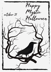 Vector Halloween greeting card with spooky twigs and black raven on white background. 