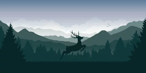 Poster wildlife deer on green mountain and forest landscape vector illustration EPS10 © krissikunterbunt