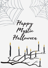 Vector Halloween greeting card with spooky tree branch and black candles and spider web on white background. 