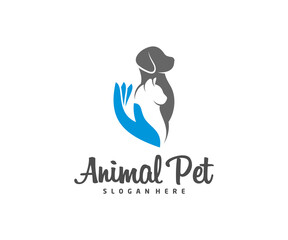 Care Pets Logo dog cat design vector template. Animals Veterinary clinic Logotype concept outline icon.