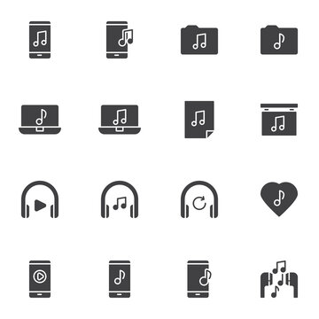 Music related vector icons set, modern solid symbol collection, filled style pictogram pack. Signs, logo illustration. Set includes icons as sound folder, phone music file, headphone, musical note