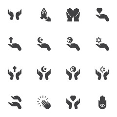 Religious pray vector icons set, modern solid symbol collection, filled style pictogram pack. Signs, logo illustration. Set includes icons as praying hands, judaism, christianity, islam, buddhism