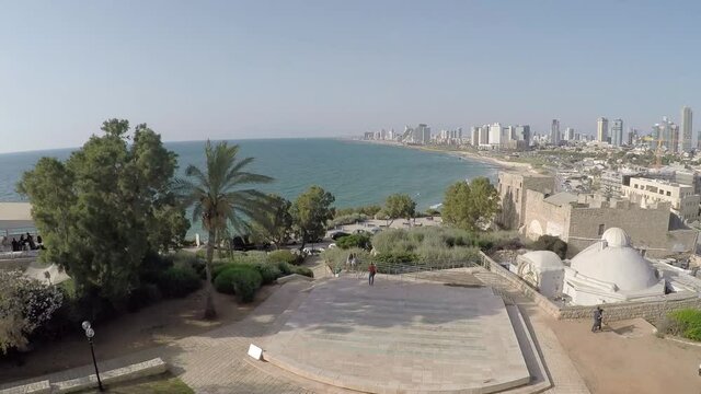 Aerial view of Tel Aviv beach and marina, Israel beautiful coastline on the  Mediterranean sea, TLV