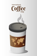 international coffee day poster with earth maps in plastic container