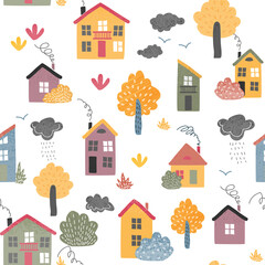 Autumn urban landscape with trees and houses seamless pattern.