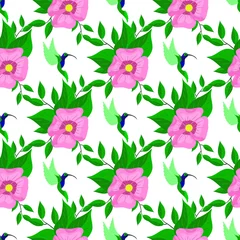 Tuinposter Seamless pattern, hummingbird bird and pink flowers with green leaves, vector illustration © 7wwolf7
