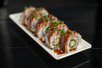 Wagyu beef roll norimki on black table