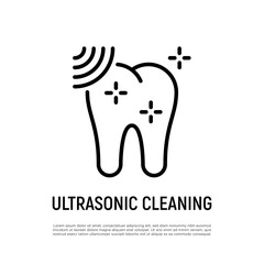 Ultrasonic cleaning thin line icon. Dental hygiene. Shining tooth. Vector illustration.