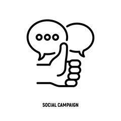 Social marketing: thumbs up and speech bubbles. Thin line icon. Report, review, advertising in internet. Vector illustration.