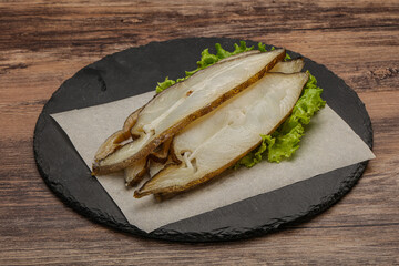 Delicous smoked halibut slices snack