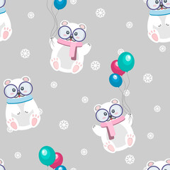 Seamless pattern with cute bear flying with balloons, vector illustration for children in a simple cartoon style