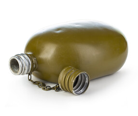 Vintage army aluminum flask isolated on white background.