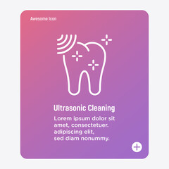 Ultrasonic cleaning thin line icon. Dental hygiene. Shining tooth. Vector illustration.