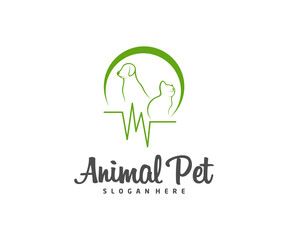 Pet Pulse Logo dog cat design vector template. Animals Veterinary clinic Logotype concept outline icon.