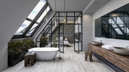 Modern apartment interior with bathroom and bathtub