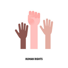 Human rights flat icon. Raised hands. Tolerance, protest, anti-racism movement. Vector illustration.