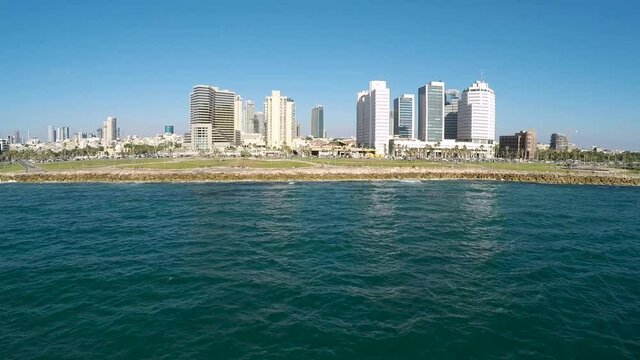 Aerial view of Tel Aviv beach and marina, Israel beautiful coastline on the  Mediterranean sea, TLV