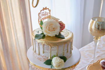 Tasty birthday cake, decorated with flowers