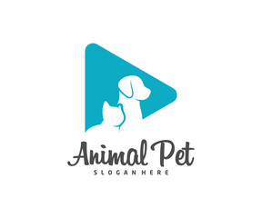 Play Pet Logo dog cat design vector template. Animals Veterinary clinic Logotype concept outline icon.
