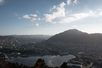 Aerial Cityscape with Mountain in Bergen Norway