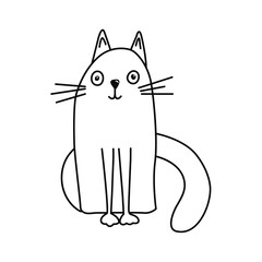 Sitting cute cat in funny cartoon style. Cute pets. Vector trendy style greeting card design, print t-shirt.