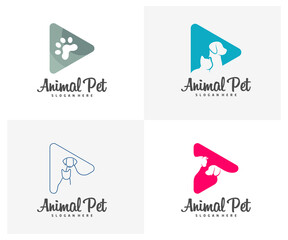 Set of Play Pet Logo dog cat design vector template. Animals Veterinary clinic Logotype concept outline icon.