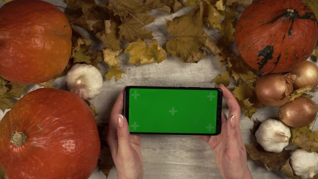 Woman gamer taps on chroma key smartphone in horizontal orientation in middle of rustic decoration made of vegetables and dry foliage on wooden background. Concept of countryside design with raw food.