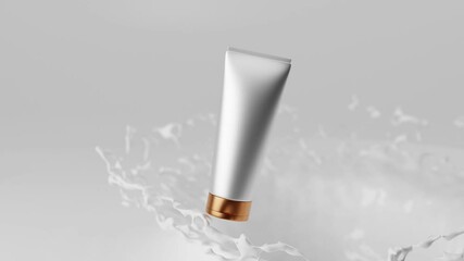 Cosmetic blank white plastic tube with gold cap in splashes and drops of milk. Moisturizing and nourishing cream, soap, shampoo, face and body care. Advertising for product packaging, 3d animation