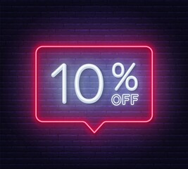 10 percent off neon sign on brick wall background. Vector illustration.