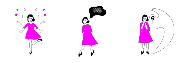 Mental health, mental problem, human psychology, mind set concept. Vector illustration of woman emotional stages, happy, worried, stressed, scared
