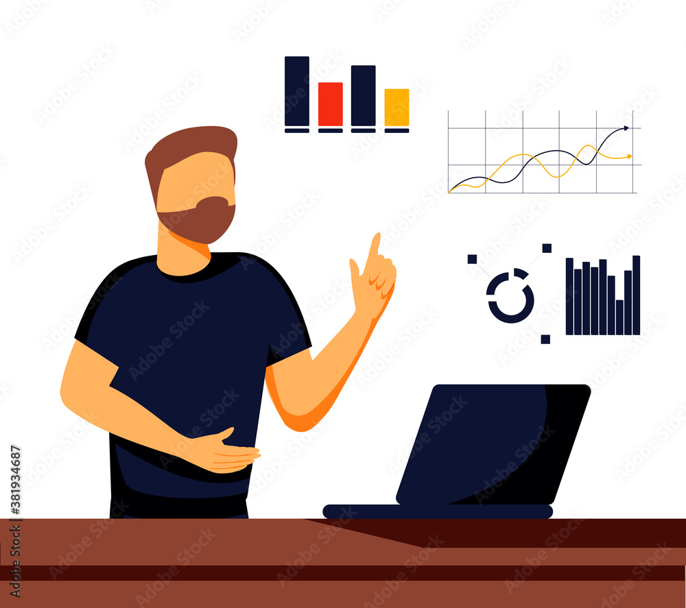 Poster handsome businessman analyzing data on his laptop and holding up his index finger. data science conc