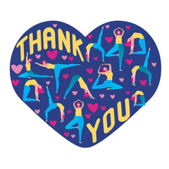 Woman doing yoga and text Thank you as a square card, flat vector stock illustration in the form of a heart isolated on white background
