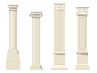 Vintage classic carved architectural pillars flat set for web design. Cartoon roman, renaissance or baroque columns for interior isolated vector collection. Building design and decoration concept - obrazy, fototapety, plakaty