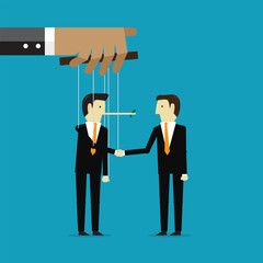 Businessman shake hands with puppet agents